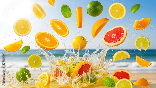 Fresh citrus fruit slices splashing into water with a beach background