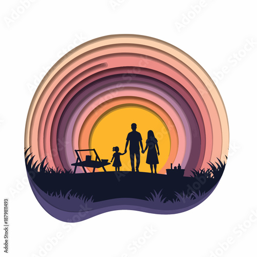 Happy family enjoying a serene sunset picnic in a beautiful paper cut style landscape, celebrating togetherness, outdoor leisure, and precious moments.