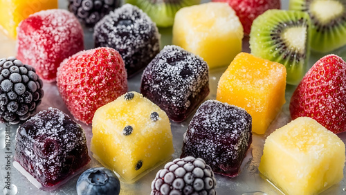 Assortment of frozen fruit cubes and fresh berries with frost coating