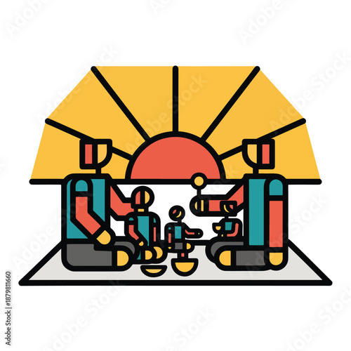 Stylized illustration of a family (parents, two children) sharing a meal or tea indoors, with a vibrant sunrise, depicting togetherness and modern domestic life.