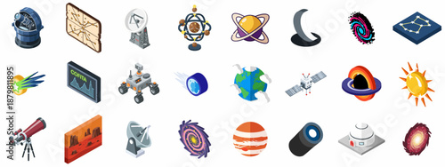 Isometric Space and Astronomy Icon Set: Planets, Telescopes, Galaxies, Satellites, and Celestial Objects Collection.