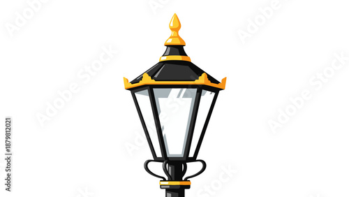 Illustration of a black and gold lantern on a pole viewed from below in a city environment