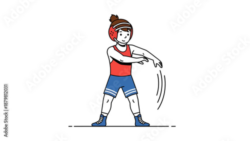Flat illustration of a woman wrestler warming up with arm circles. Suitable for sports posters, fitness blogs, and wrestling events.