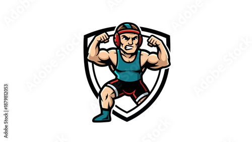 Wrestler vector with flexed biceps in a shield emblem, ideal for sports, fitness, and wrestling design projects, showcasing strength.