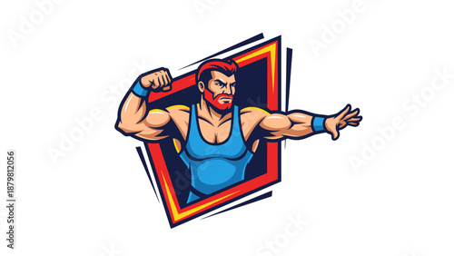 Wrestler vector ideal for sportsthemed designs. Muscular man in blue tank top ready for action. Suitable for posters, banners, and marketing materials.