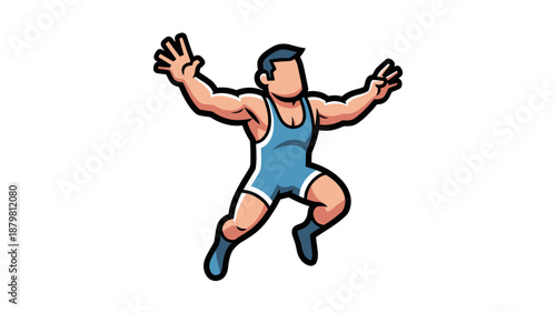 Victorious wrestler in blue and white uniform with raised arms. Ideal for sports events promotions, wrestlingthemed designs, or team mascots.