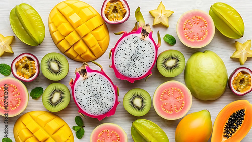 Variety of fresh sliced tropical fruits arranged on white wooden background