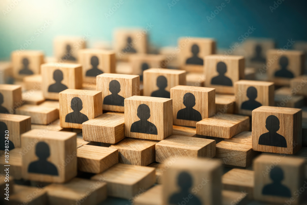 Fototapeta premium Many blocks display a person icon in a stacked arrangement with an out of focus appearance and a light source