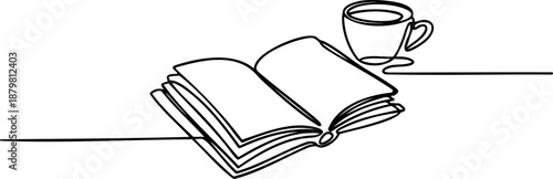 Open book with coffee cup line icon banner, reading study relaxation concept minimalist outline