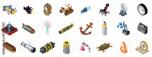 Isometric collection of deep-sea exploration icons, including submersibles, diving equipment, marine biology elements like squid and jellyfish, and navigation tools.