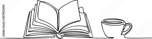Open book with coffee cup line icon banner, reading study relaxation concept minimalist outline