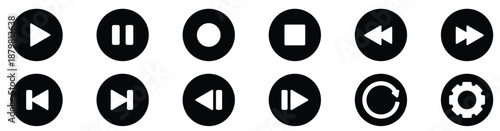 Play, Pause, Replay, Previous and Next Track Icons – Video Streaming App Vector	