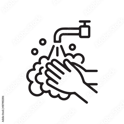 hand washing hygiene under running water thin line icon isolated on white background