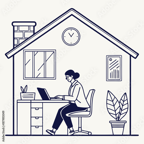 Woman working on laptop at home office desk with clock and plants nearby in a cozy house environment viewed from the side