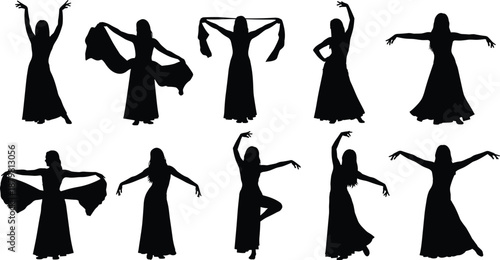 Belly Dancer Silhouette Vector Collection, Oriental Dance Woman Figures, Ethnic Performer Set for Arabian Night Party Design, Traditional Middle Eastern Dancing, 10 Elements.