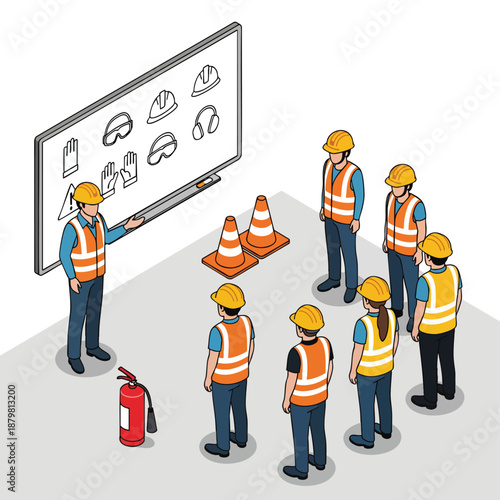 Construction workers attending a safety training session with a whiteboard depicting safety equipment and traffic cones.