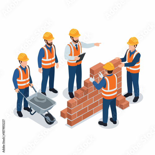 Construction workers building a brick wall with a supervisor observing, isometric illustration for industry and teamwork.