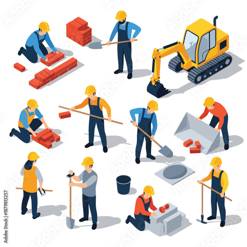 Construction workers building and operating machinery, representing industry and labor in a modern construction site setting.