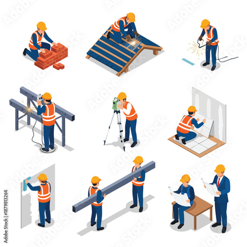 Construction Workers Building and Measuring Sites with Various Tools and Materials, Isometric Illustration.