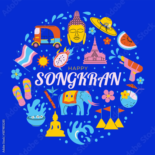 Songkran water festival of Thailand greeting card banner. Cup water, tropical flowers, leaves, water guns on blue background. Invitation, brochure, flyer, poster for event. Vector 