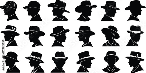 Man and Woman Head Profile Silhouette Vector Collection, Various Hat Styles including Baseball Cap, Fedora, Cowboy, and Top Hat Icons, Fashion Apparel Accessories.Man and Woman Head Prof