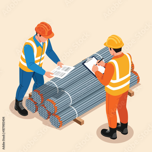 Construction workers inspecting metal rebar inventory on a site, ensuring quality control for building projects.