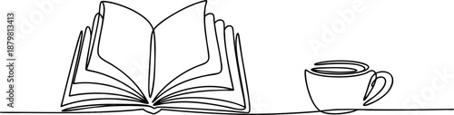 Open book with coffee cup line icon banner, reading study relaxation concept minimalist outline