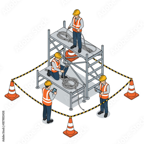 Construction workers installing cables on scaffolding, professional teamwork at a work site.