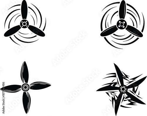 Propeller Silhouette Vector Collection, Rotating Fan Blade Icons, Airplane and Marine Engine Parts, Industrial Ventilation and Propulsion System Elements for Engineering Design,