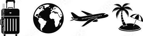 Travel and Hiking Icon Set Featuring Airplane Globe Suitcase Cruise Ship Caravan Mountains Backpacking Stick Figure Hikers and Road Trip Essentials