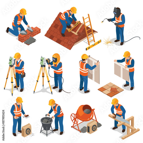Construction workers performing various tasks with isometric industrial building and infrastructure vector icons.