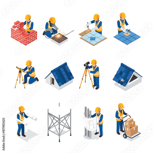 Construction workers performing various tasks in isometric style, ideal for industry and building illustrations.