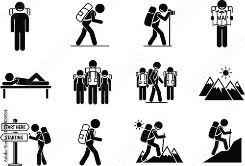 Travel and Hiking Icons Set Featuring Airplane Globe Suitcase Cruise Ship Caravan Mountains Backpacking Stick Figure Hikers and Road Trip Essentials (20 words)