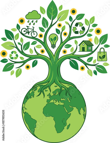 Sustainable eco tree growing from earth globe, green environment conservation concept, renewable energy, climate change awareness, 