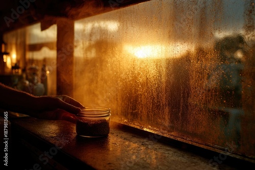 Wallpaper Mural Gentle Hand Placing Lid on Starter Jar Near Fogged Window at Sunset Torontodigital.ca
