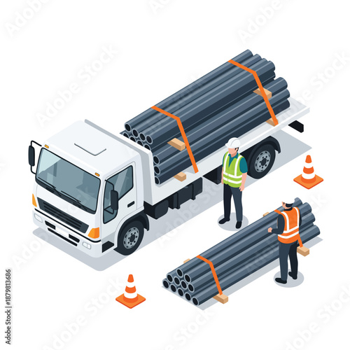 Construction workers unloading large pipes from a truck for a building project, industrial logistics.
