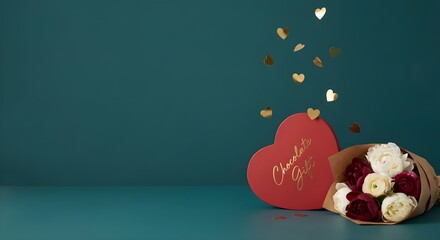 Elegant Valentine's Day studio still life with heart-shaped chocolate box and peony bouquet on deep teal background, large copy space ai generation