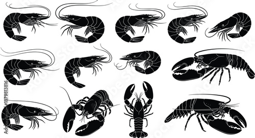 Shrimp and Lobster Silhouette Vector Collection, Prawn and Crayfish Marine Life Icons, Seafood Restaurant Design Elements, Crustacean Animal Set for Fishing and Ocean Theme.