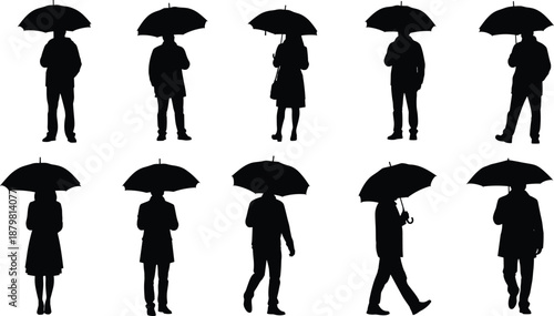 Umbrella Silhouette Vector Collection, People Walking in Rain with Parasol Icons, Autumn Weather Fashion Set, Standing and Moving Figures for Seasonal Design,