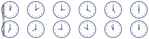 Analog clock time icons set showing all hours, horizontal layout, isolated on white background	