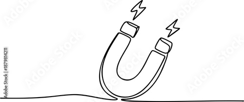 Horseshoe magnet with lightning line icon banner, attraction power energy concept outline