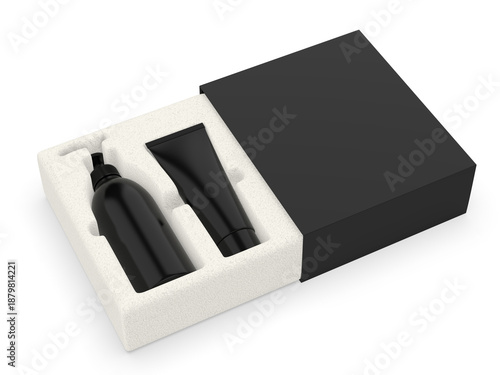 Eco-friendly cosmetic packaging with blank skincare bottles placed in biodegradable mushroom mesh tray and seaweed-based protective insert, presented in a minimal white box. Sustainable packaging conc