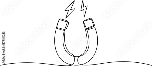 Horseshoe magnet with lightning line icon banner, attraction power energy concept outline