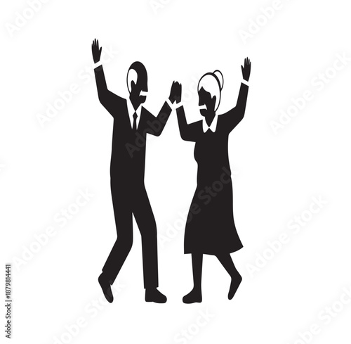 Elderly couple joyfully dancing with raised arms and smiling expressions silhouettes