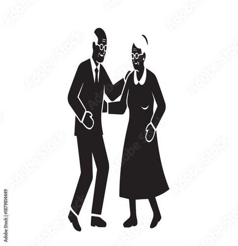 Elegant elderly couple dancing together in formal attire silhouettes on white background