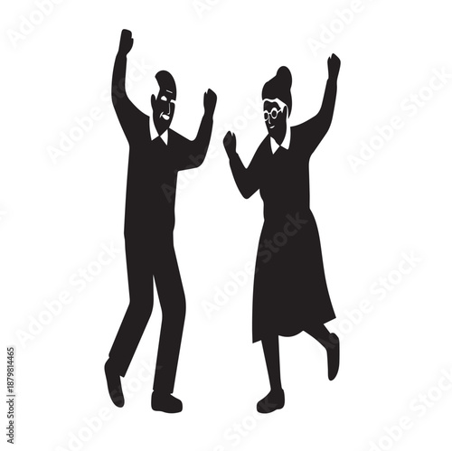 Elderly couple joyfully dancing with raised arms and smiling expressions silhouettes