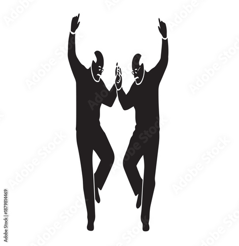 Two middle aged men dancing together side by side celebrating event illustration black and white