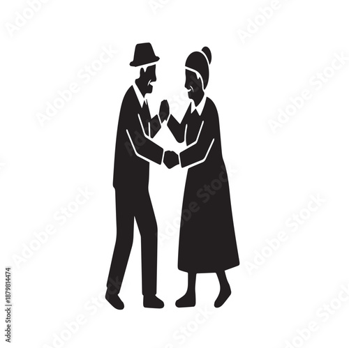 Senior man and woman dancing together happily holding hands illustration black and white isolated
