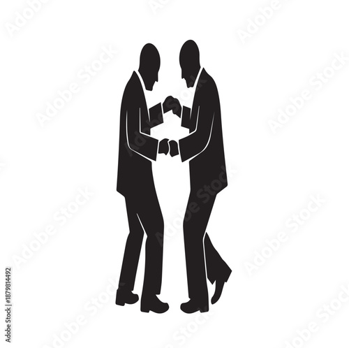 Two businessmen dancing holding hands together enjoying party silhouette black and white illustration