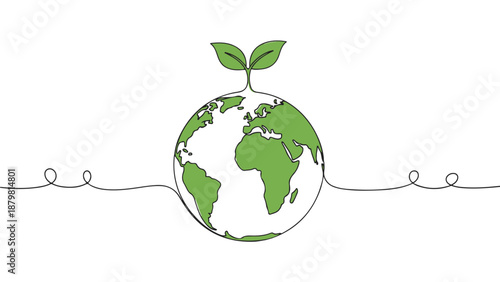 A continuous one line art drawing of planet earth with green leaves sprouting from the top, representing growth and sustainability